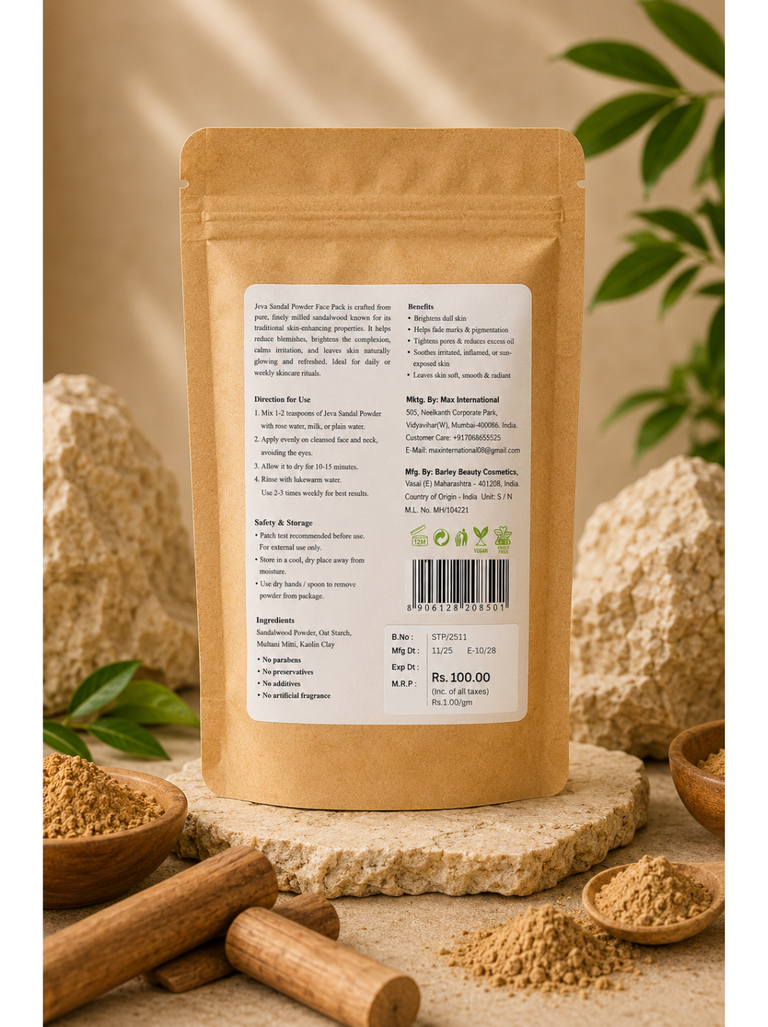 Jeva Sandalwood Powder Face Pack for Skin Brightening & Glowing Skin 100Grms