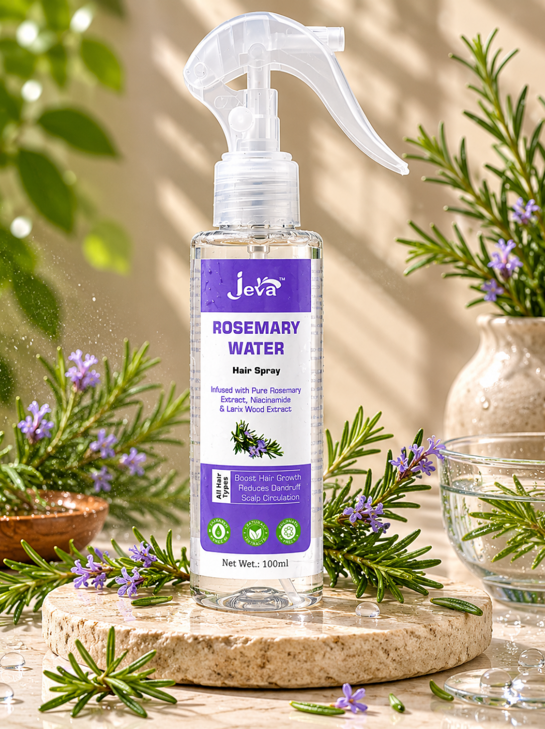 Jeva Rosemary Water Spray for Hair Growth, Frizz Control & Damage Protection.