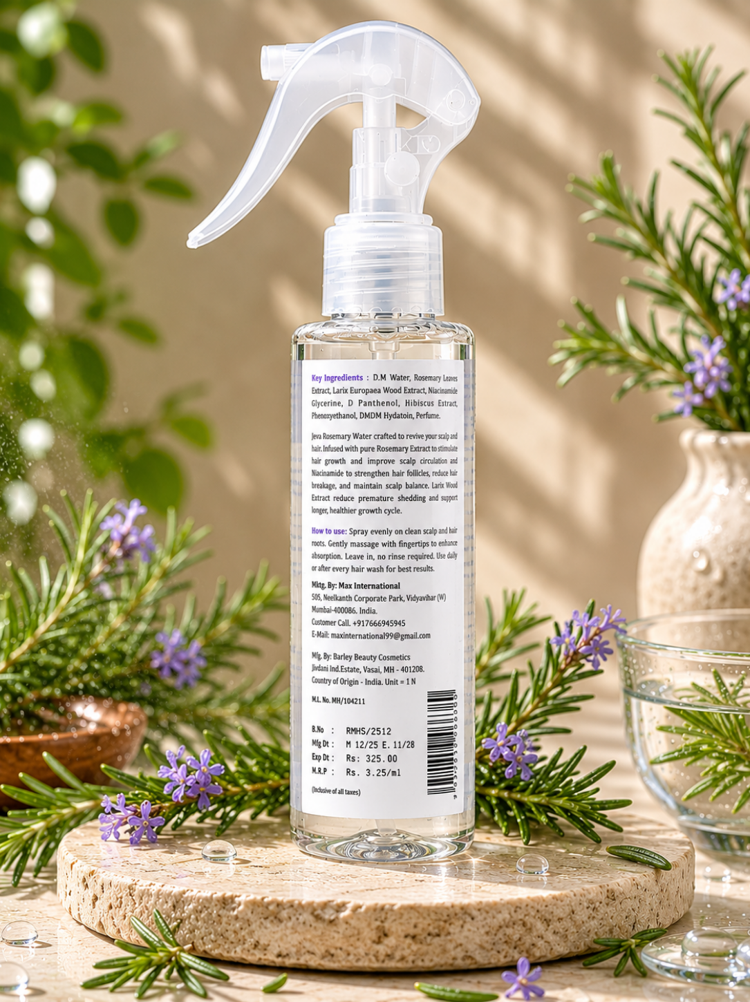 Jeva Rosemary Water Spray for Hair Growth, Frizz Control & Damage Protection.