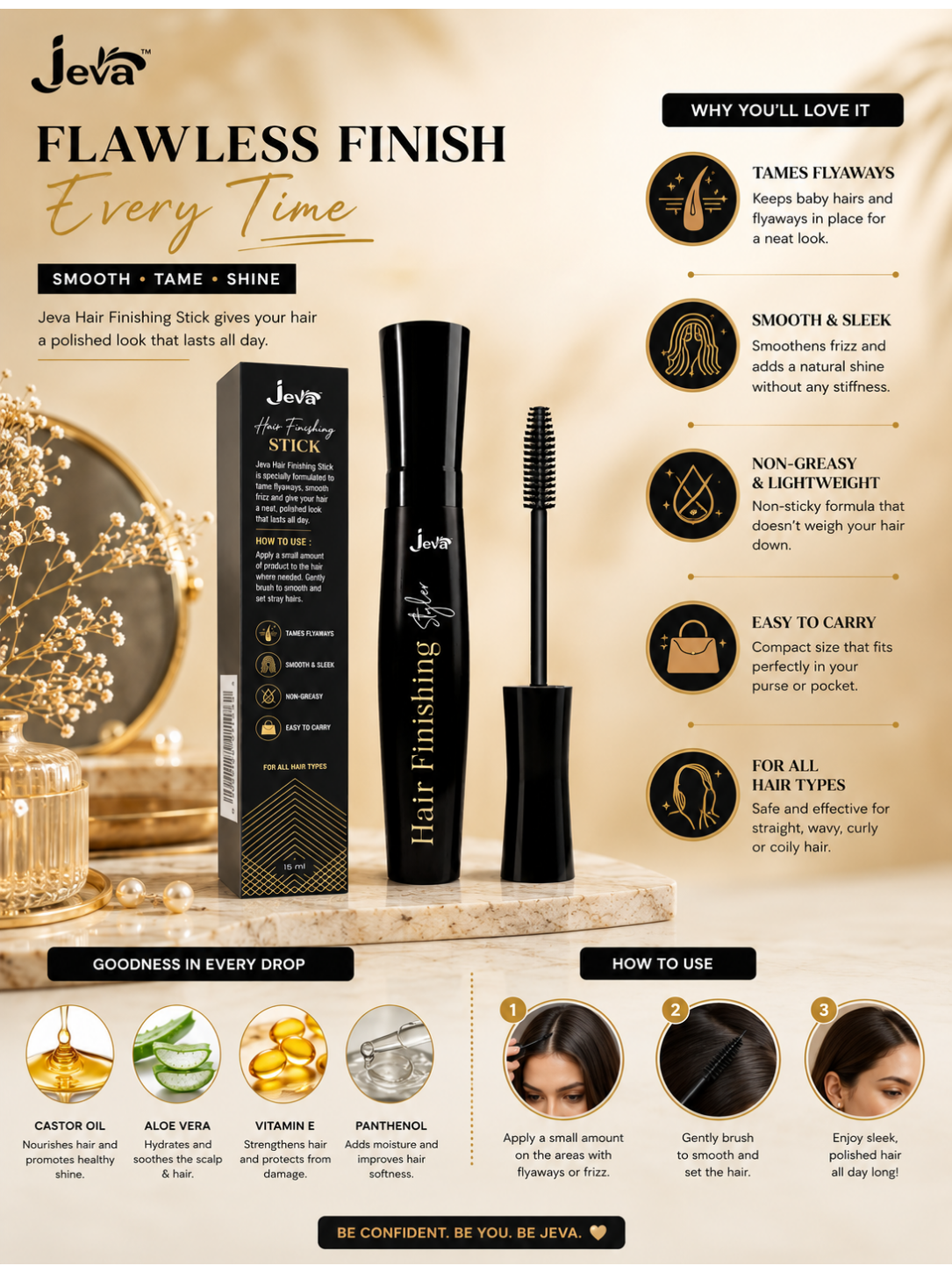 Jeva Hair Finishing Gel Setting Stick Flyaway Natural Styling Frizz Control & Shine